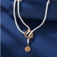 Pearl Necklace trendy long drop loop thru gold ring  Women's  Fashion Jewelry Zabardo